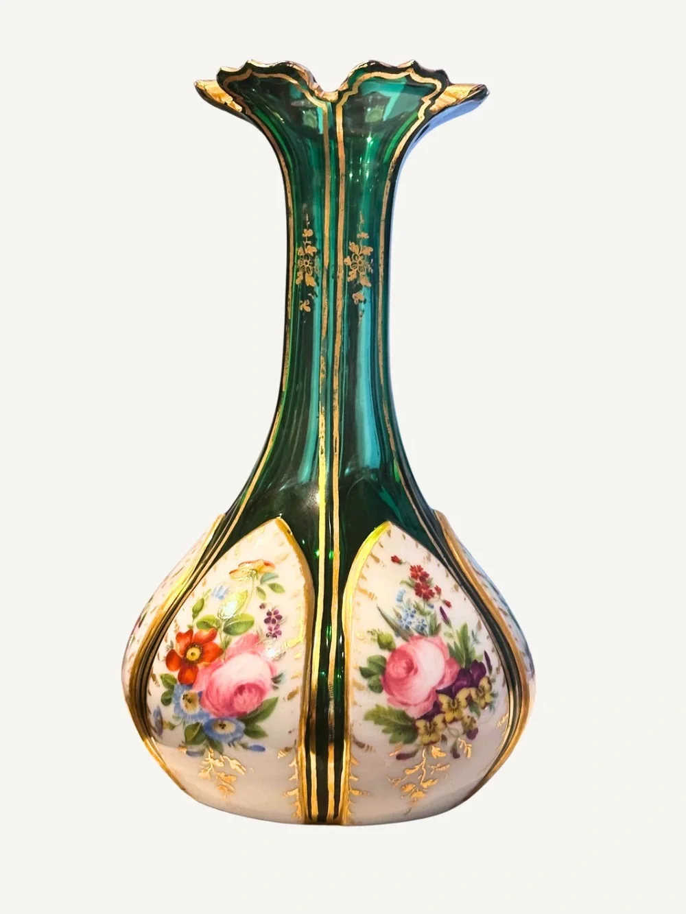Antique Emerald-Green Bohemian Vase/Decanter with Hand-Painted Floral Cartouches - Picture 10 of 10